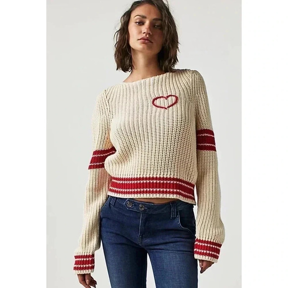 New Free People Out Of The Park Pullover Knit Sweater Striped Heart Embroidered - Picture 12 of 12